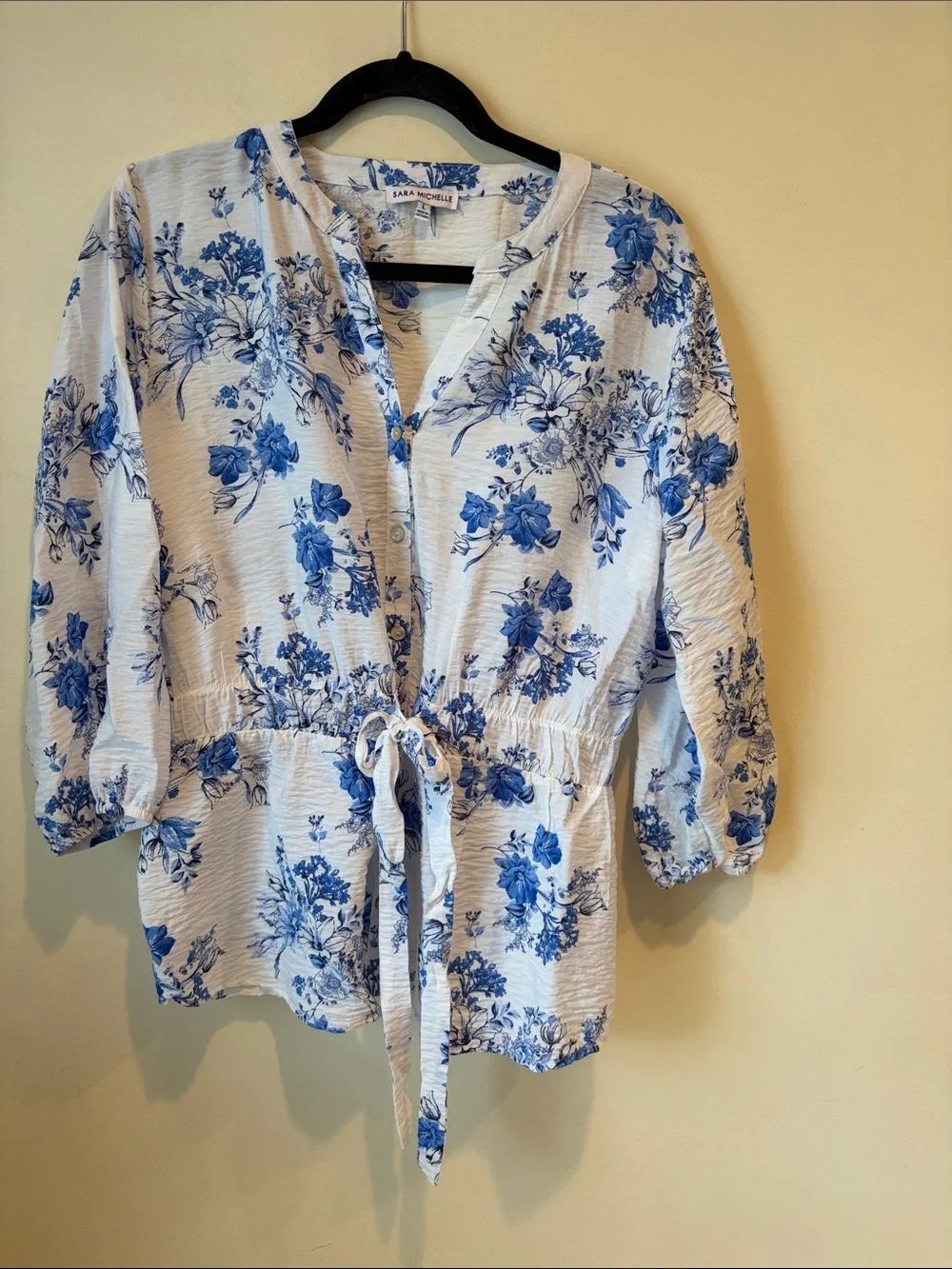 Sara Michelle Blue Floral Drawstring V-Neck Blouse